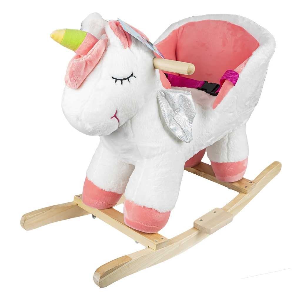 Balansoar pentru bebelusi, Unicorn, lemn + plus, roz+alb, 52 cm