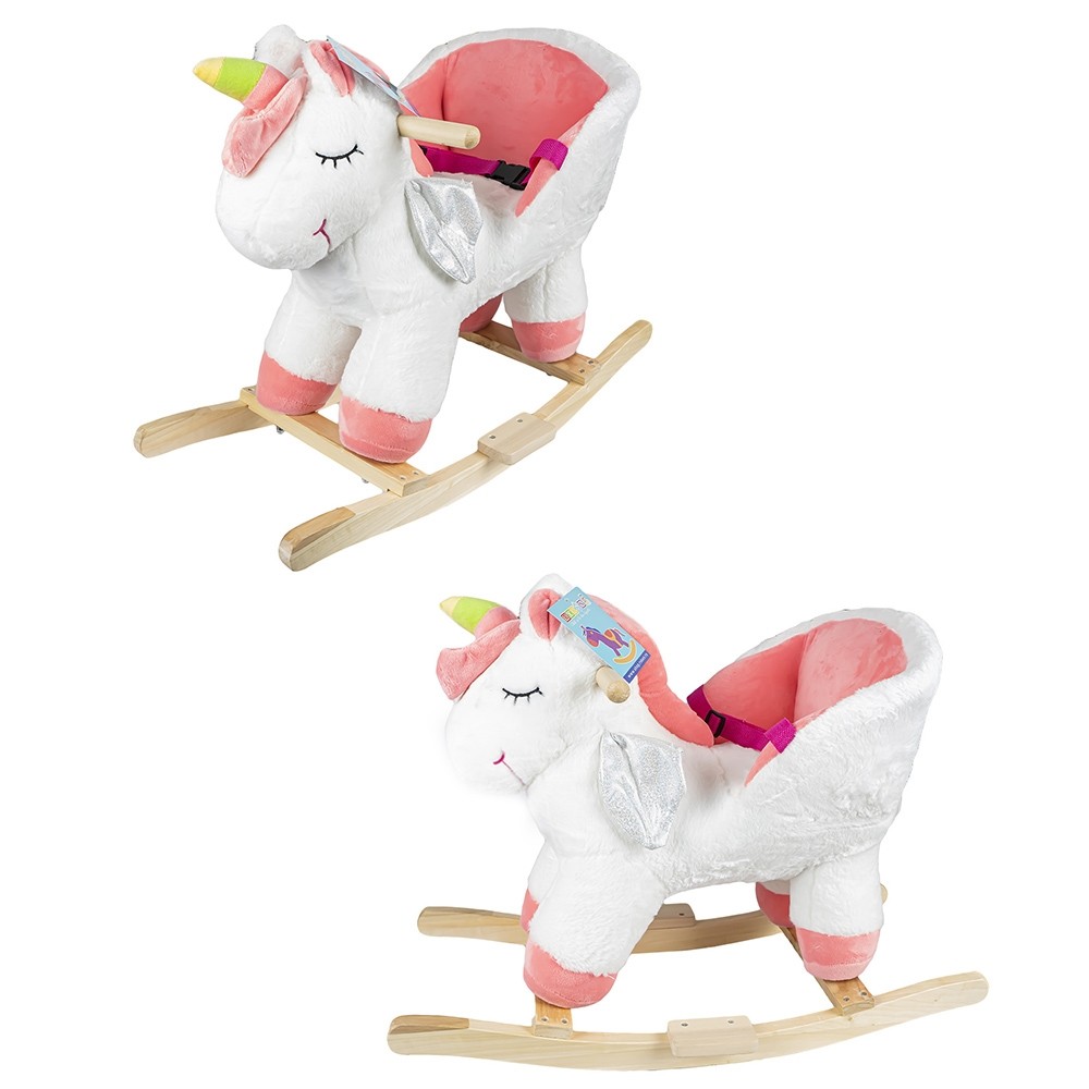 Balansoar pentru bebelusi, Unicorn, lemn + plus, roz+alb, 52 cm