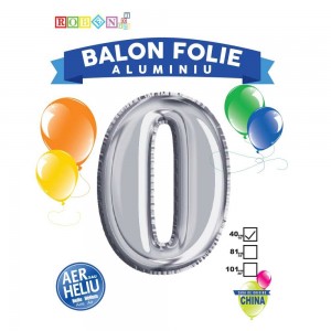 Balon, folie aluminiu, argintiu, cifra 0, 40 cm