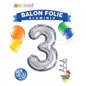Balon, folie aluminiu, argintiu, cifra 3, 40 cm