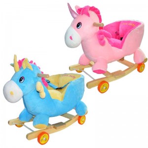 Unicorn balansoar pentru bebelusi, roz/albastru, lemn + plus, cu rotile, 56 cm