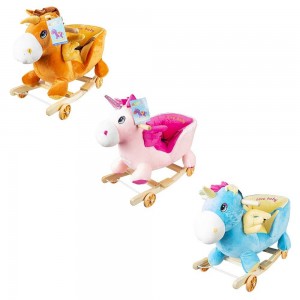 Balansoar pentru bebelusi, Unicorn, lemn + plus, cu rotile, roz/albastru/maro, 56 cm