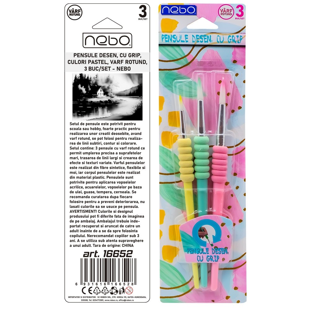 Pensule desen, cu grip, culori pastel, varf rotund, 3 buc/set - NEBO