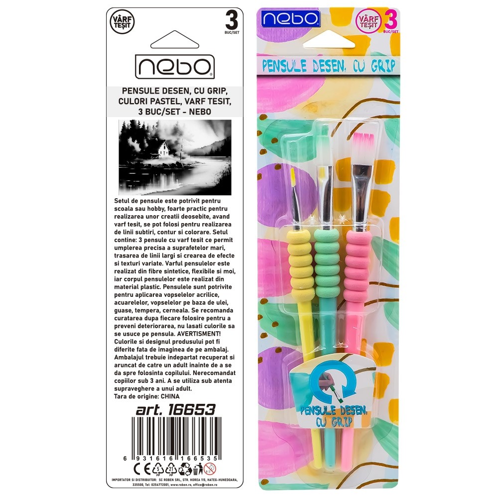 Pensule desen, cu grip, culori pastel, varf tesit, 3 buc/set - NEBO