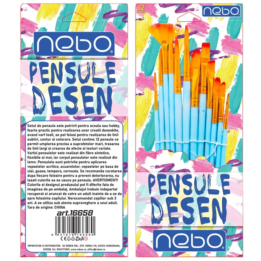 Pensule desen, culori pastel, mix, 12 buc/set - NEBO