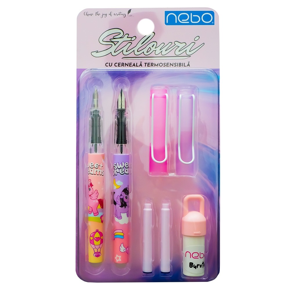 Stilouri cu cerneala termosensibila + rezerve, 2 buc/blister, roz - NEBO