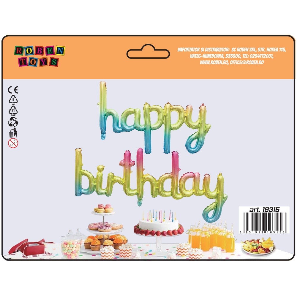 Baloane folie aluminiu, Happy Birthday, Multicolore, 2 buc/set