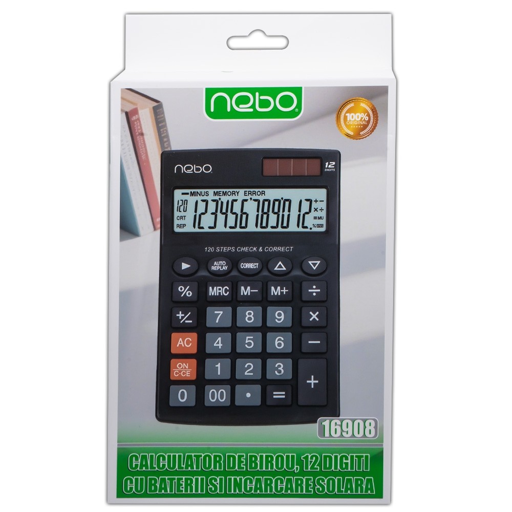Calculator de birou, 12 digiti, cu baterii si incarcare solara- NEBO