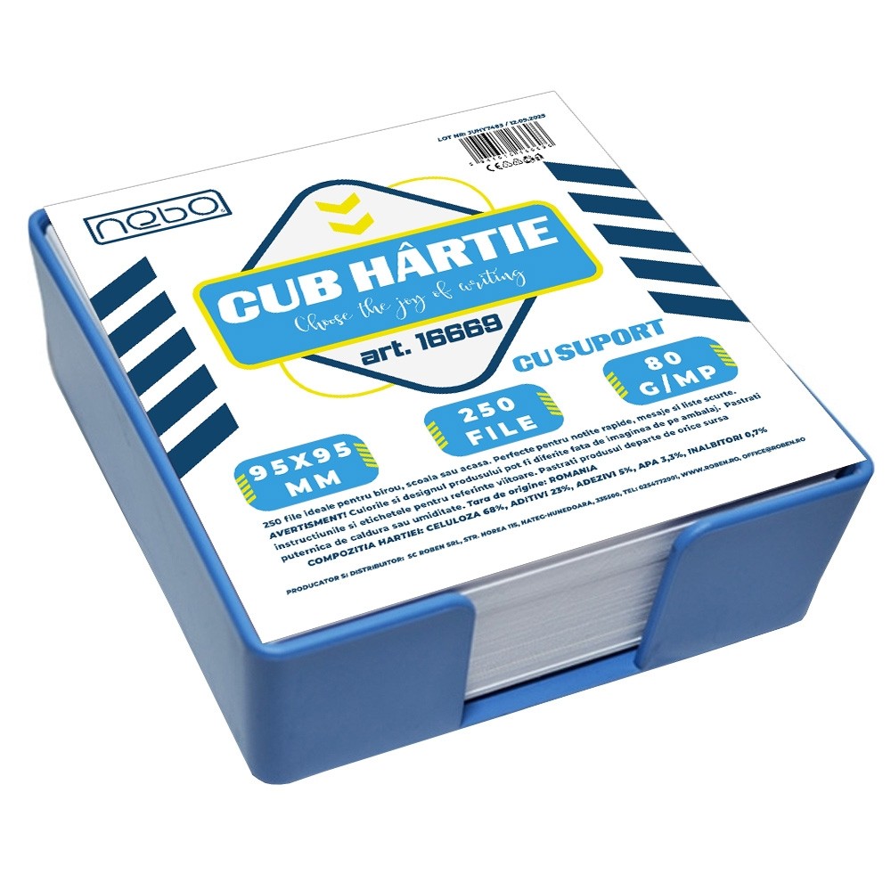 Cub hartie, cu suport, 9.5x9.5 cm, 80 gr, 250 coli/set - NEBO