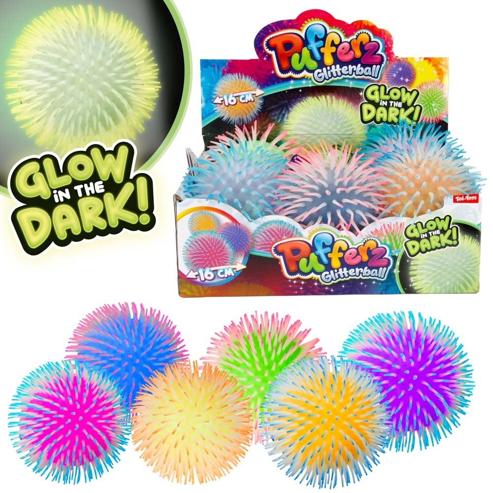 Jucarie Pufferz, Minge fosforescenta, bicolora, 16 cm - Toi-Toys