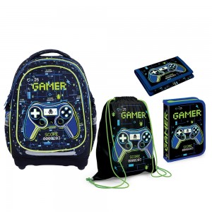 Set micul scolar: Ghiozdan, Penar echipat, Sac sport, Portofel, GAMER - S-COOL