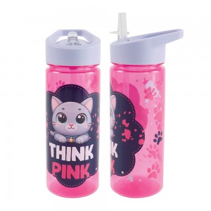 Sticla apa 600 ml, plastic, cu pai, THINK PINK, 23x8.5 cm - S-COOL
