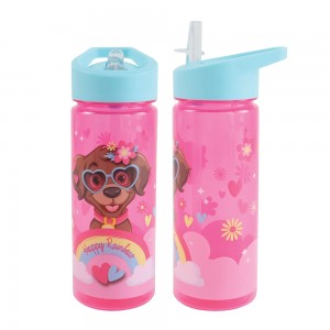 Sticla apa 600 ml, plastic, cu pai, HAPPY RAINBOW, 23x8.5 cm - S-COOL
