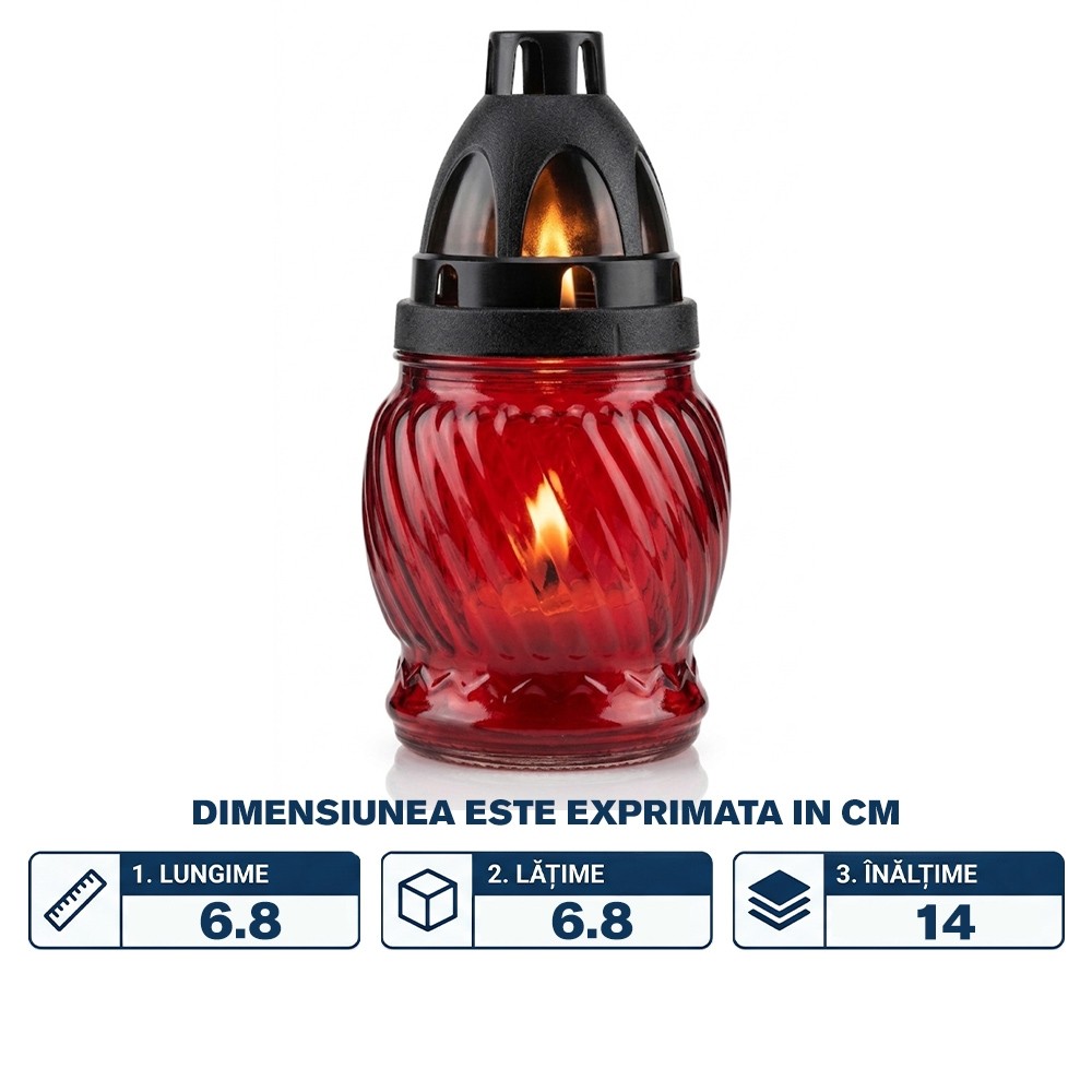 Candela sticla, rotunda, capac plastic negru, 140mm, ~4-6h, 30gr