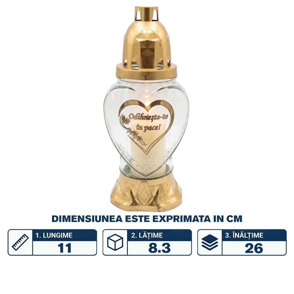 Candela sticla, forma inima, capac plastic auriu, 260mm, ~30h, 80 gr